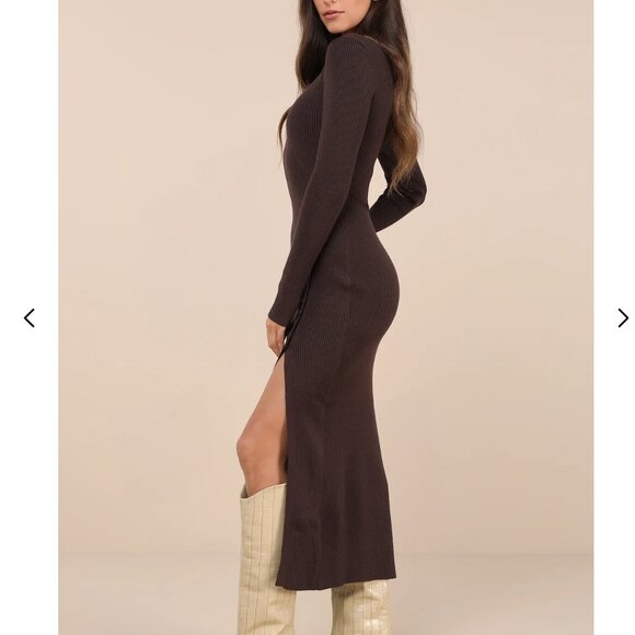 Lulus Refined Attitude Brown Ribbed Side Button Midi Sweater Dress - Size M - Picture 3 of 4